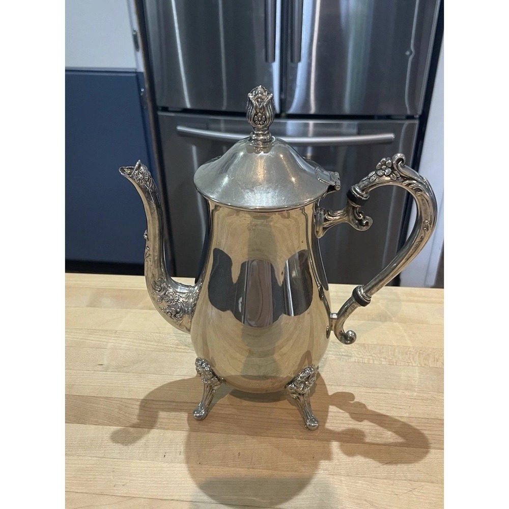 Vintage Silverplated Coffee Pot Ornate Floral Footed Teapot Hinged Lid Handle